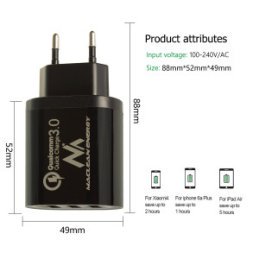 Maclean Energy nabíjačka QC 3.0  MCE479 B - čierna Qualcomm Quick Charge 3,6-6V / 3A, 6-9V / 2A, 9-12V / 1,5A